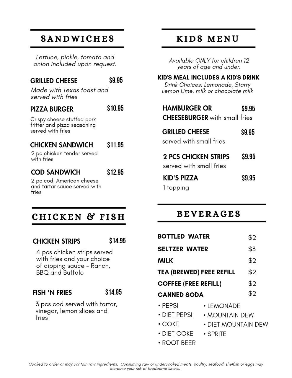Dinos Pizza Menu